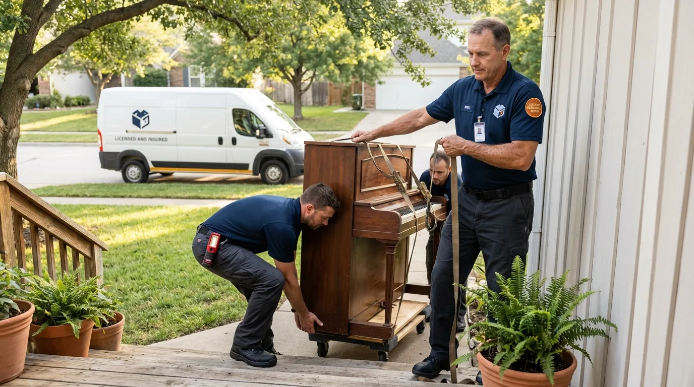 Licensed piano movers securing grand piano in Wilmette, IL