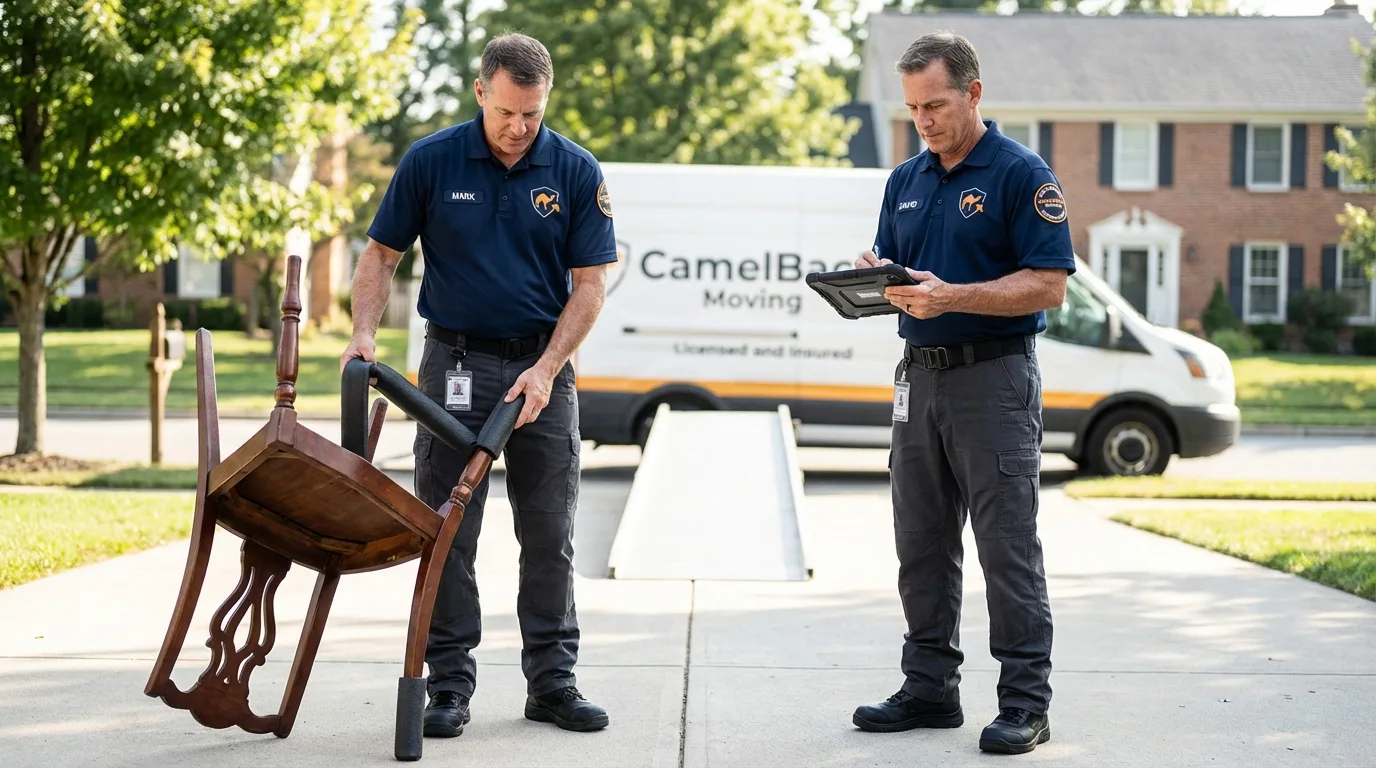 Movers inspecting furniture for damage prevention before loading in Wilmette, IL